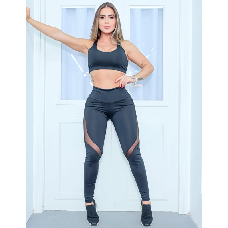 Conjunto Feminino Calça Fitness com Tule e Bolsos nas Laterais e Top