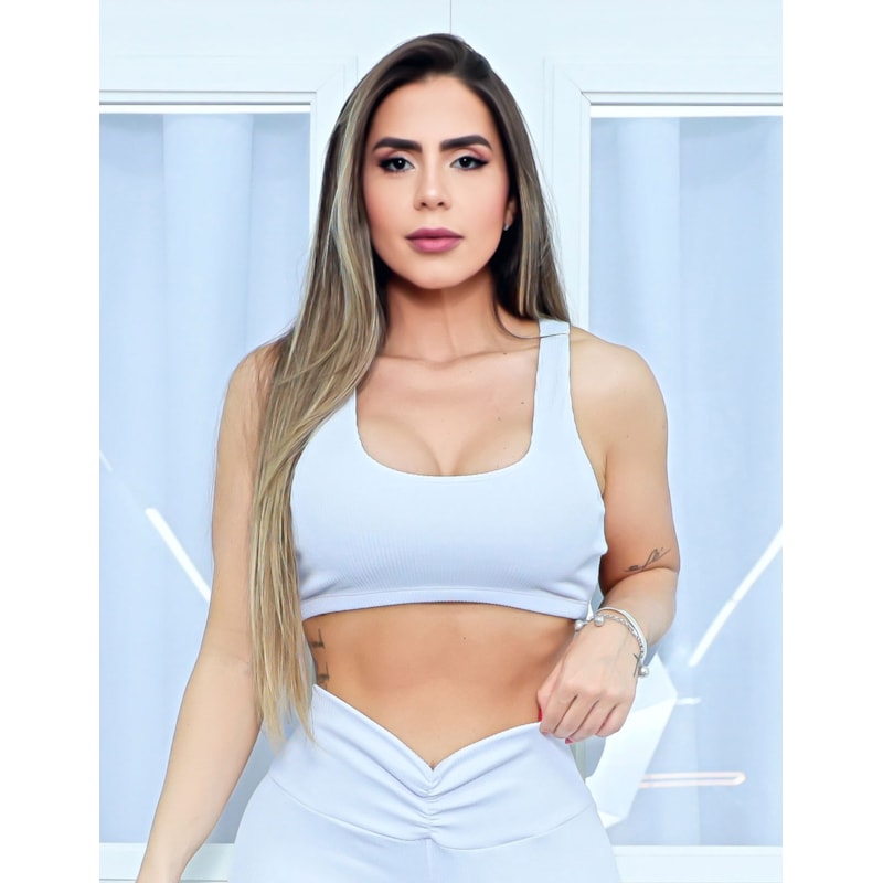 Conjunto Empina Bumbum Feminino com Calça e Top com Bojo em Poliamida Texturizada