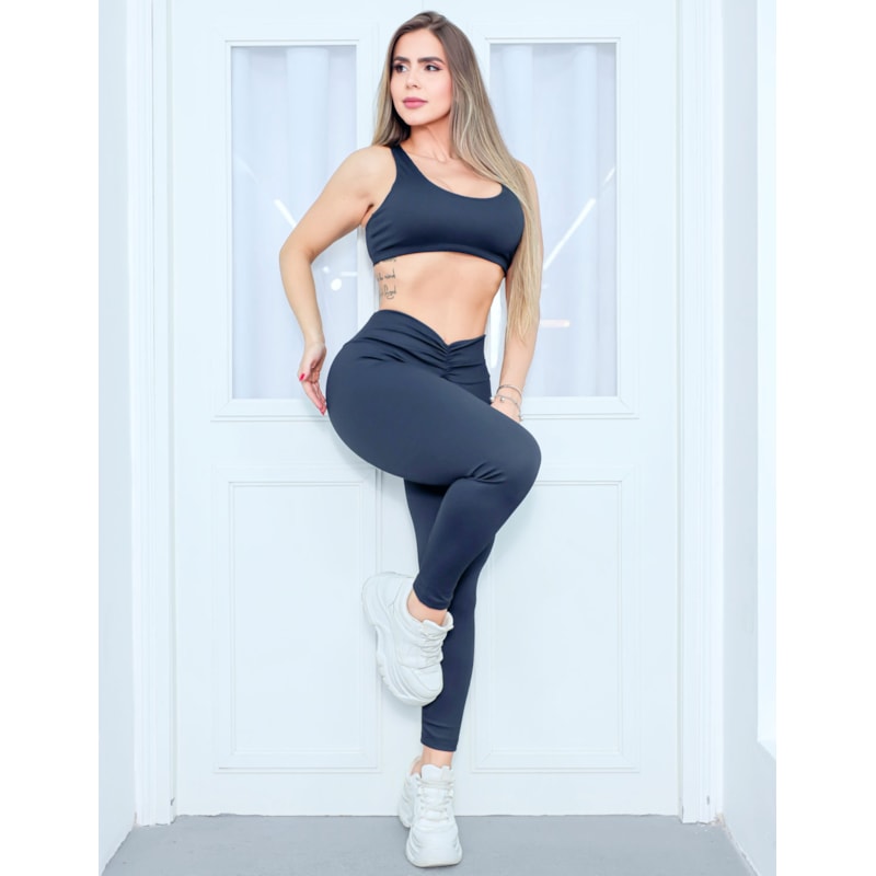 Conjunto Esportivo Feminino em Poliamida Texturizada Calça Empina Bumbum e Top com Bojo