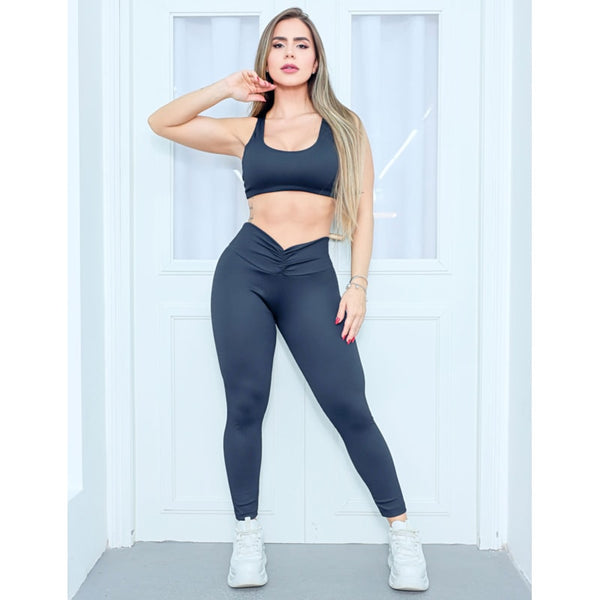 Conjunto Esportivo Feminino em Poliamida Texturizada Calça Empina Bumbum e Top com Bojo