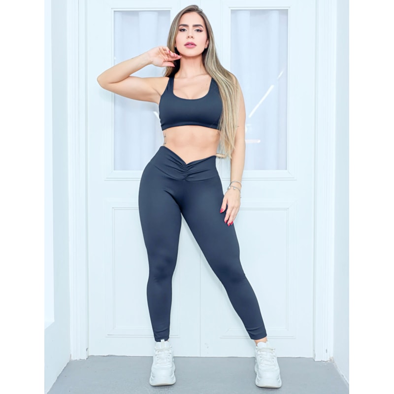 Conjunto Esportivo Feminino em Poliamida Texturizada Calça Empina Bumbum e Top com Bojo