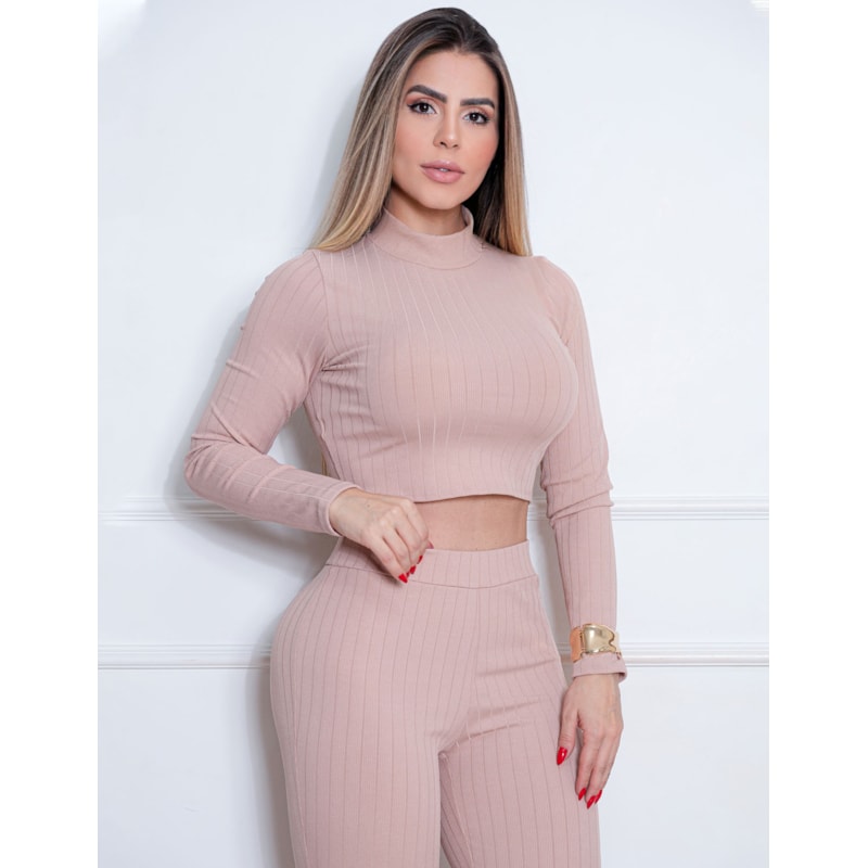 Conjunto Canelado Flare Feminino com Cropped Manga Longa e Calça