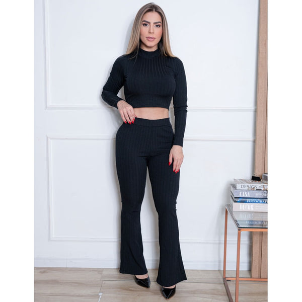 Conjunto Feminino Canelado Cropped Manga Longa + Calça Flare