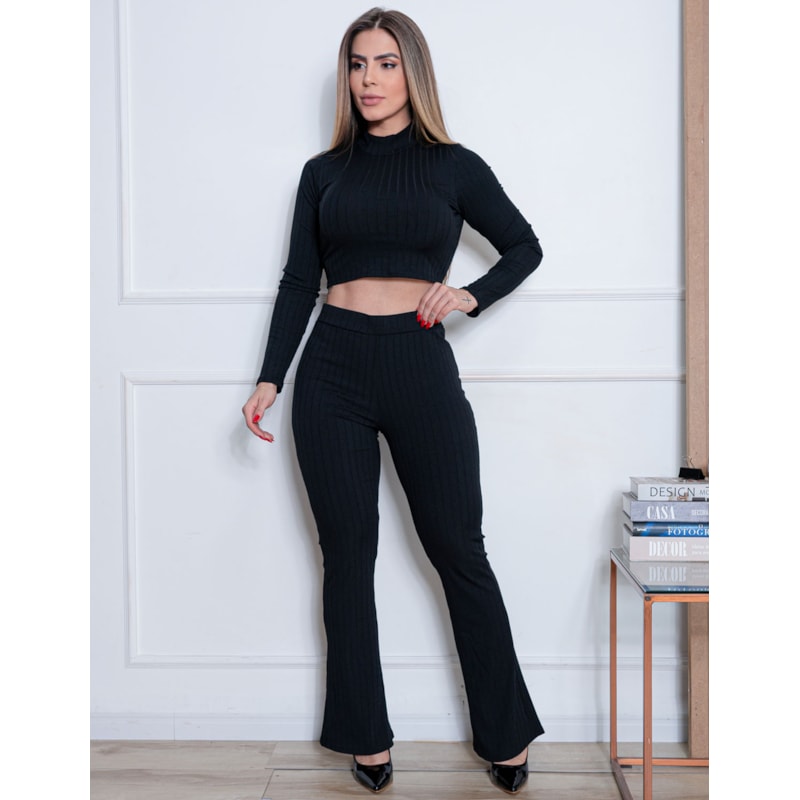 Conjunto Feminino Canelado Cropped Manga Longa + Calça Flare