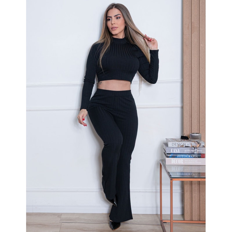 Conjunto Feminino Canelado Cropped Manga Longa + Calça Flare