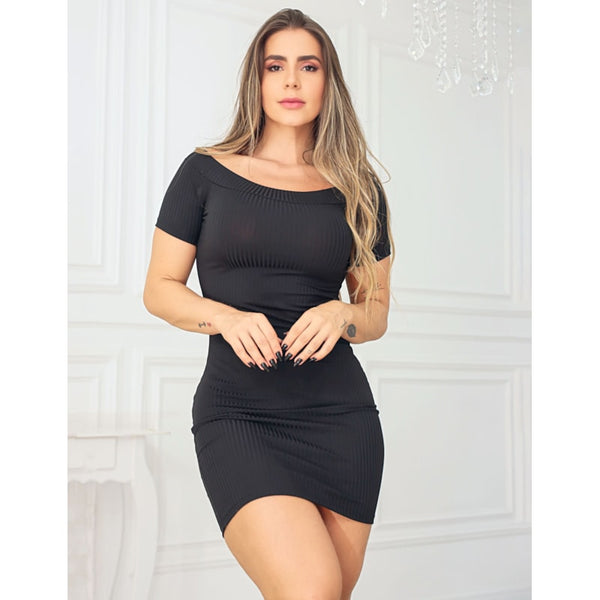 Vestido Feminino Canelado Curto com Manguinhas