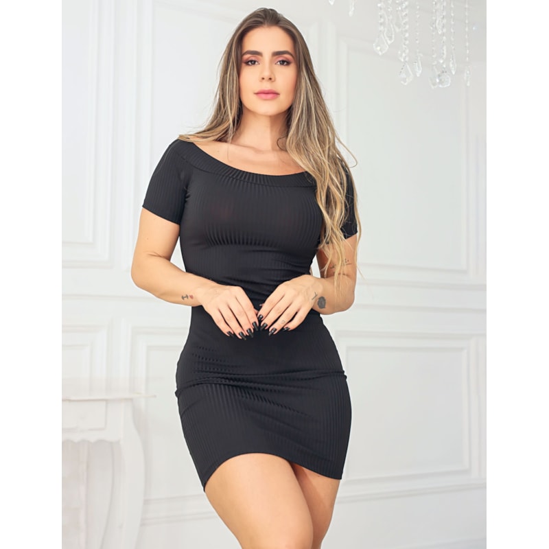 Vestido Feminino Canelado Curto com Manguinhas