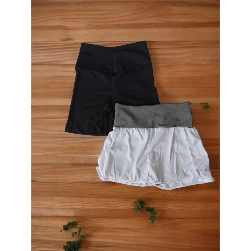 Kit Fitness com 1 Short Saia e 1 Bermuda Meia Coxa