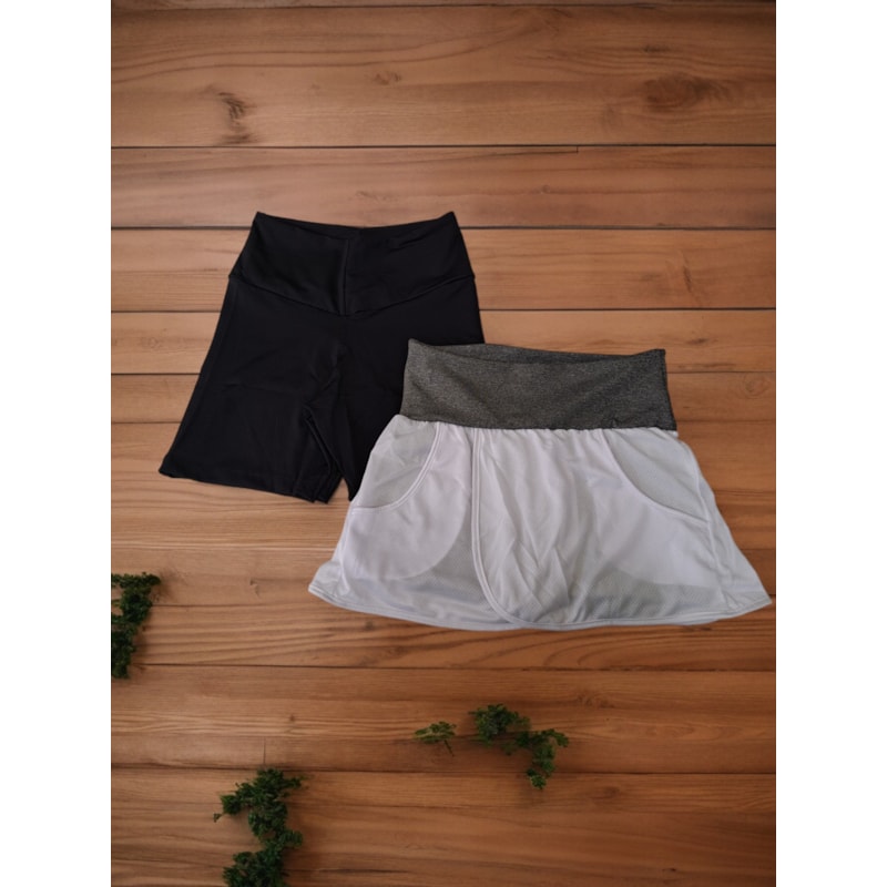Kit Fitness com 1 Short Saia e 1 Bermuda Meia Coxa