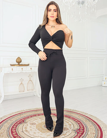 Conjunto Feminino Cropped Ombro Só e Calça Flare Bubble