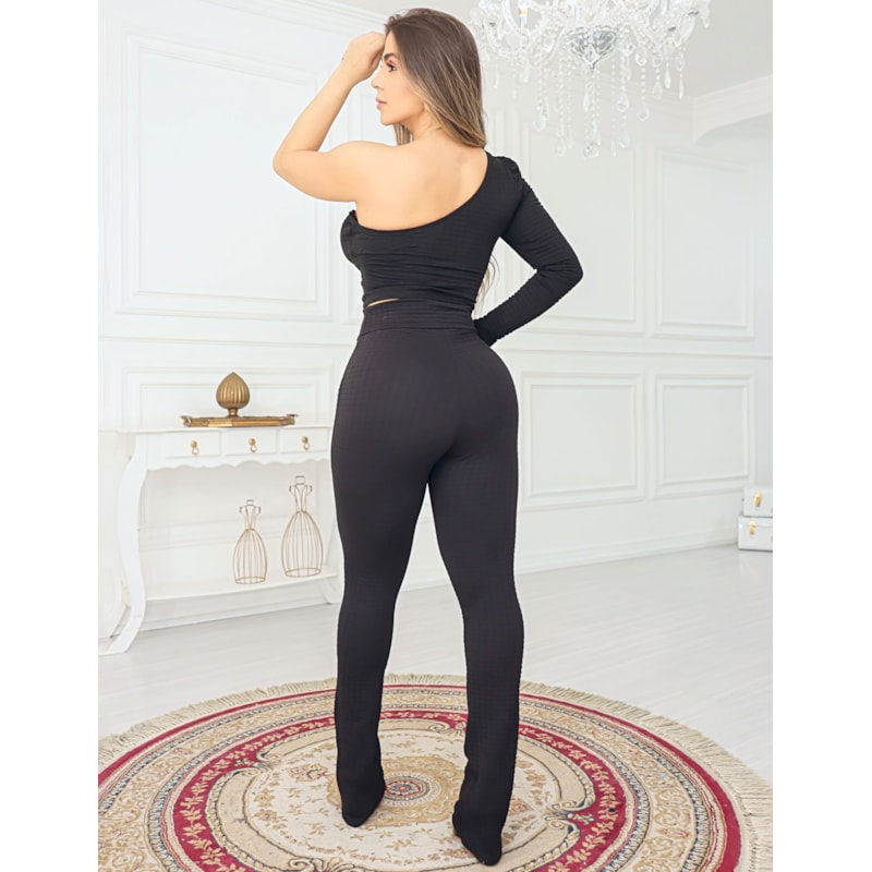 Conjunto Feminino Cropped Ombro Só e Calça Flare Bubble