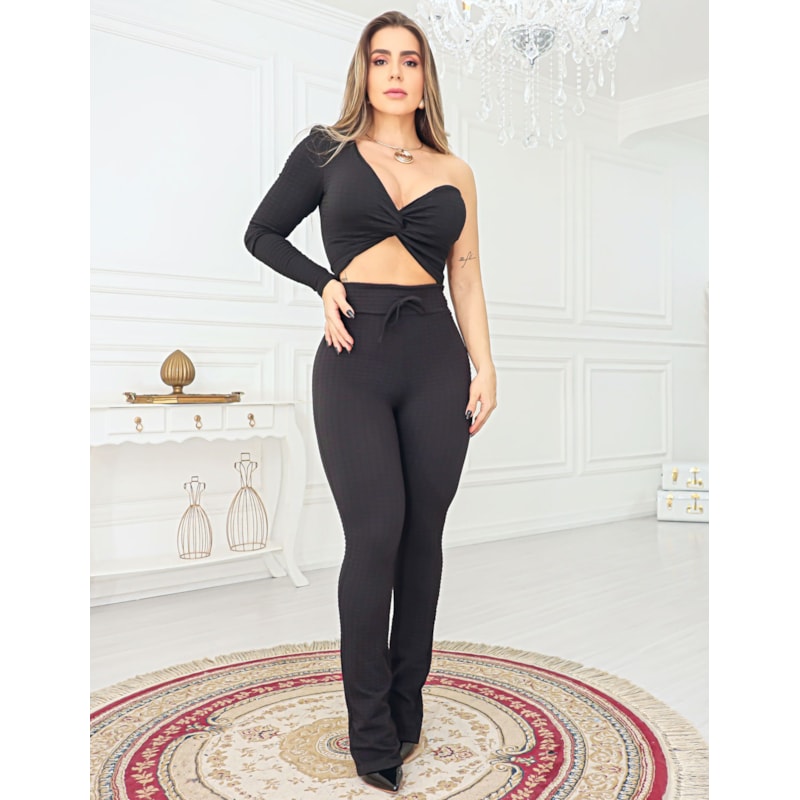 Conjunto Feminino Cropped Ombro Só e Calça Flare Bubble