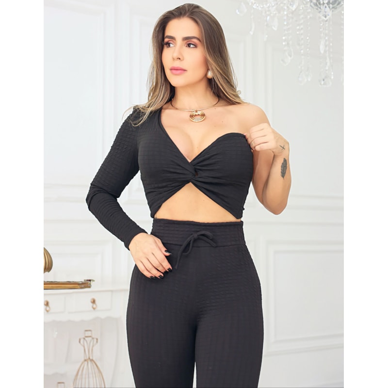 Conjunto Feminino Cropped Ombro Só e Calça Flare Bubble