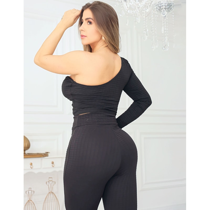 Conjunto Feminino Cropped Ombro Só e Calça Flare Bubble