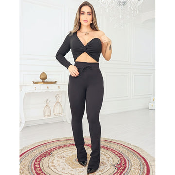 Conjunto Feminino Cropped Ombro Só e Calça Flare Bubble