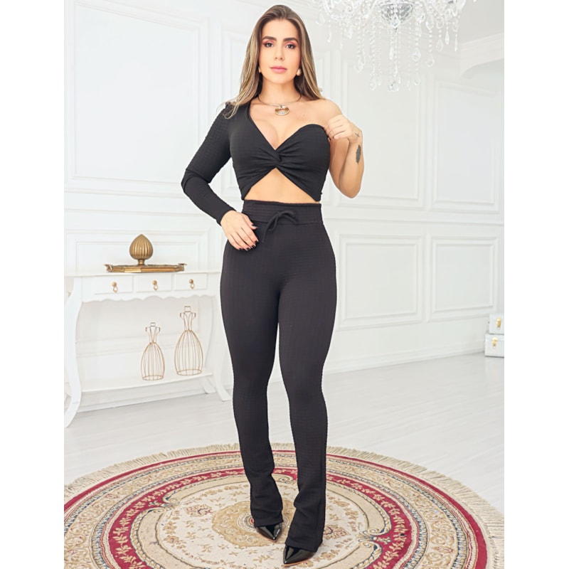 Conjunto Feminino Cropped Ombro Só e Calça Flare Bubble