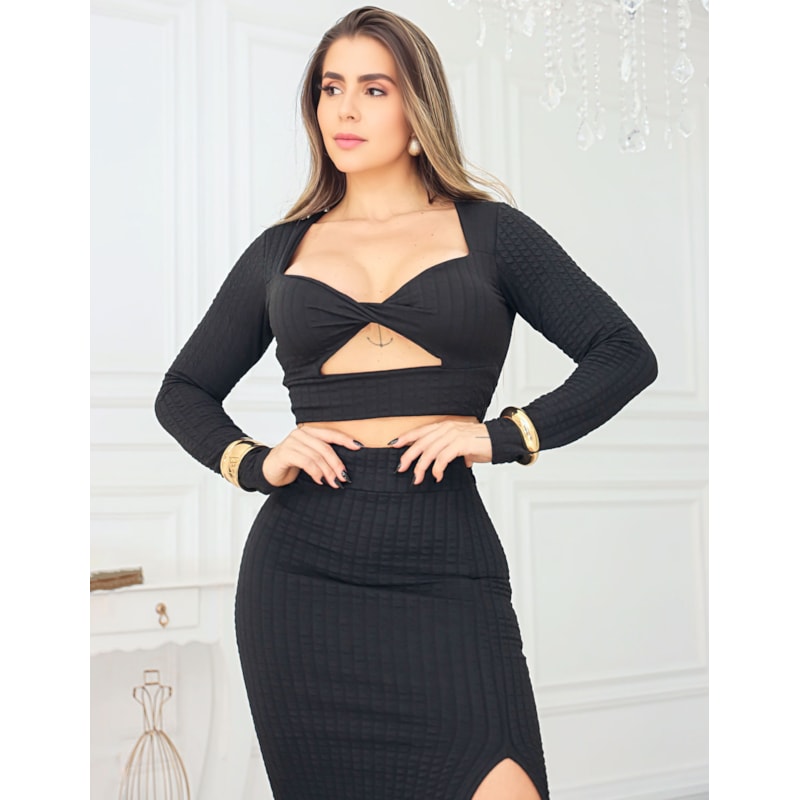 Conjunto Bubble Feminino Cropped e Saia Longa
