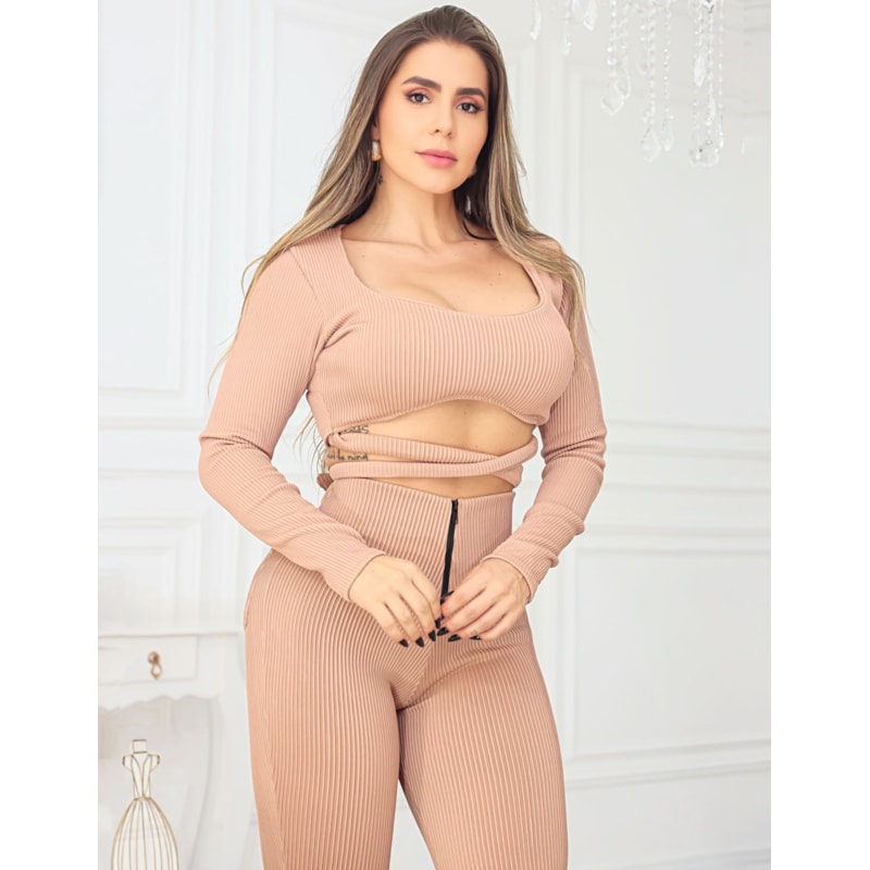 Conjunto Feminino com Cropped Manga Longa e Calça Zíper Canelado 3D Luxo