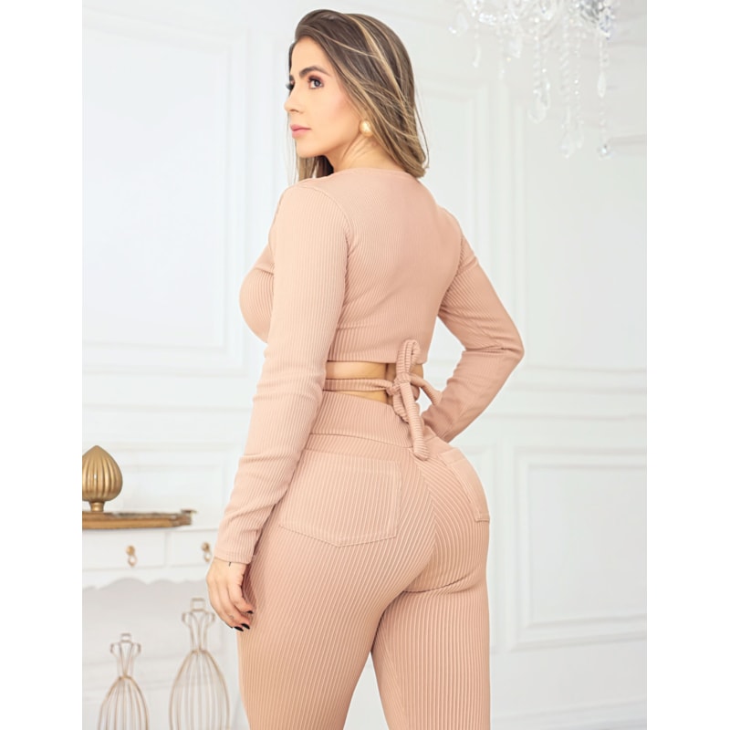 Conjunto Feminino com Cropped Manga Longa e Calça Zíper Canelado 3D Luxo
