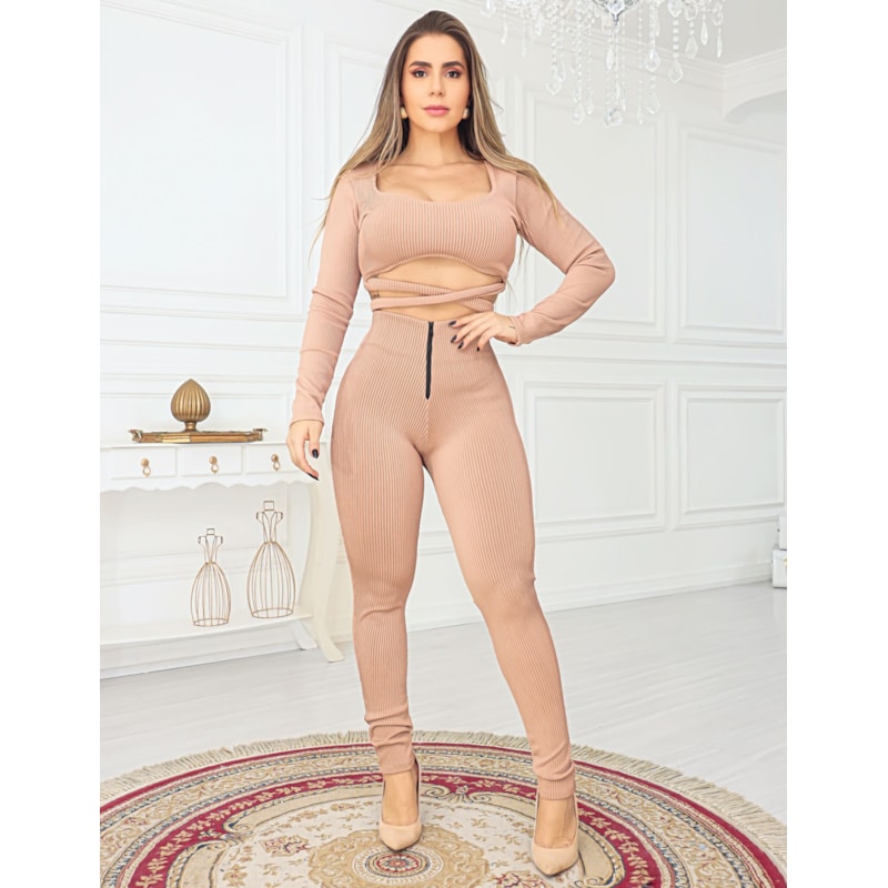 Conjunto Feminino com Cropped Manga Longa e Calça Zíper Canelado 3D Luxo