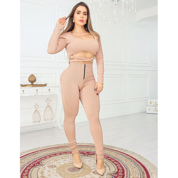 Conjunto Feminino com Cropped Manga Longa e Calça Zíper Canelado 3D Luxo