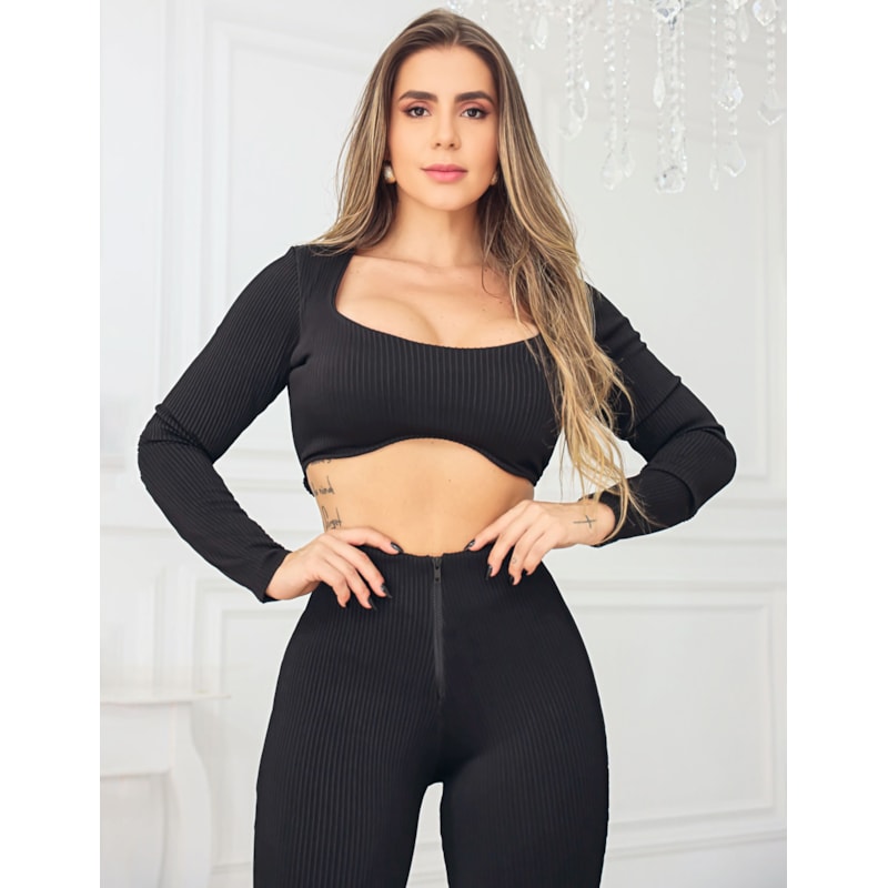 Conjunto Feminino em Canelado 3D Luxo Cropped e Calça Zíper