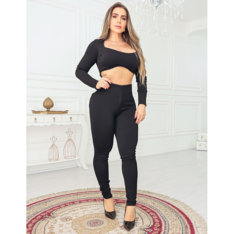 Conjunto Feminino em Canelado 3D Luxo Cropped e Calça Zíper