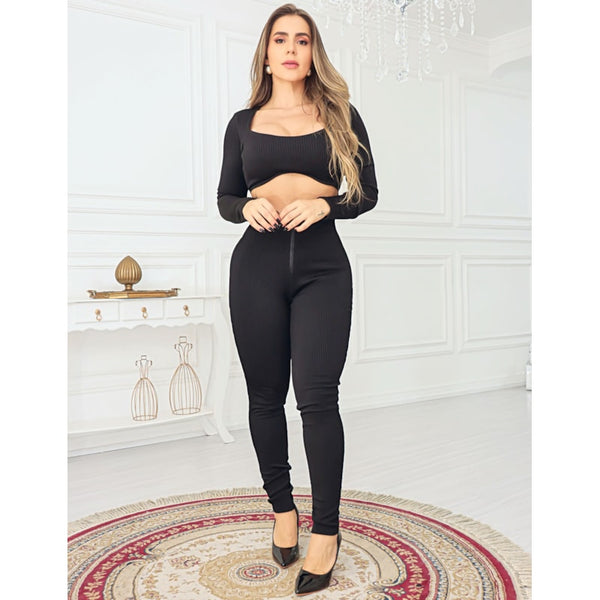 Conjunto Feminino em Canelado 3D Luxo Cropped e Calça Zíper