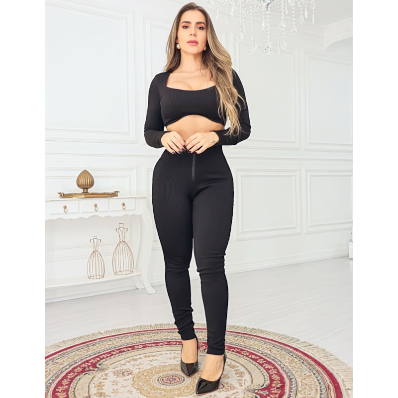 Conjunto Feminino em Canelado 3D Luxo Cropped e Calça Zíper
