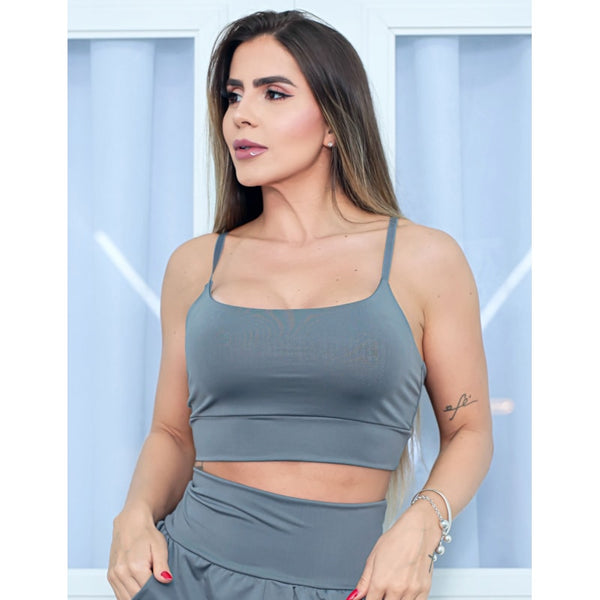 Cropped Top Fitness Cinza com Bojo Removível e Alcinhas