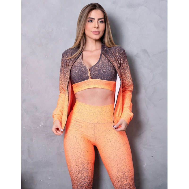 Conjunto Trio Degradê Casaco Bomber Calça Legging e Top Fitness Academia