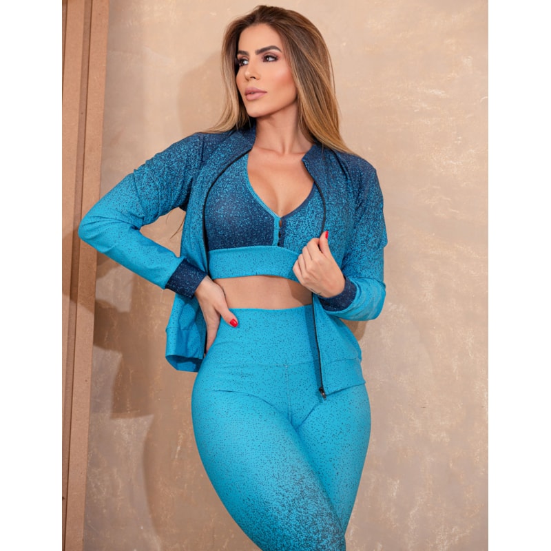 Trio Fitness Feminino Degradê Casaco Bomber  Calça Legging e Top com Bojo