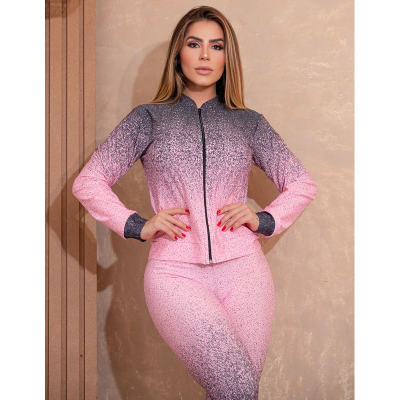 Trio Fitness Feminino em Degradê com Casaco Bomber Calça Legging e Top com Bojo Removível