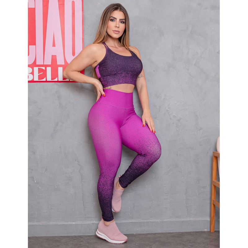 Look Esportivo Feminino Degradê Calça Legging Cintura Alta e Top com Bojo