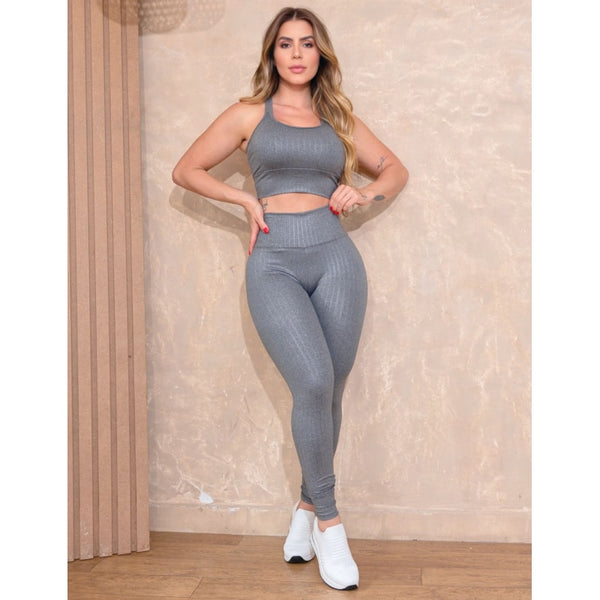 Conjunto Feminino Fitness em Cirre Texturizado Calça e Top com Bojo