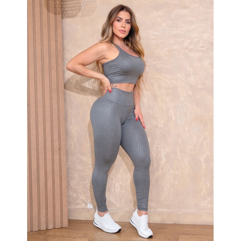 Conjunto Feminino Fitness em Cirre Texturizado Calça e Top com Bojo