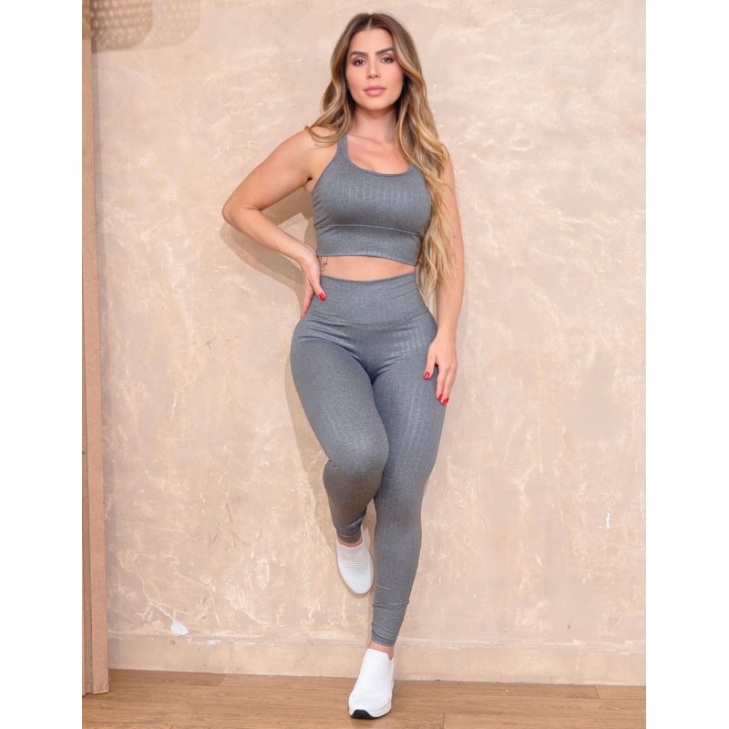 Conjunto Feminino Fitness em Cirre Texturizado Calça e Top com Bojo