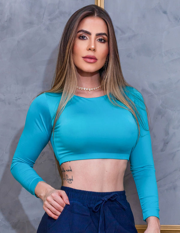 Cropped Feminino Manga Longa Decote Redondo sem Bojo