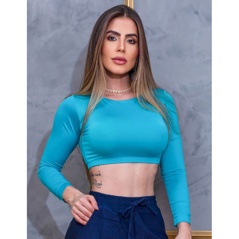 Cropped Feminino Manga Longa Decote Redondo sem Bojo