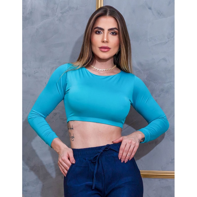 Cropped Feminino Manga Longa Decote Redondo sem Bojo