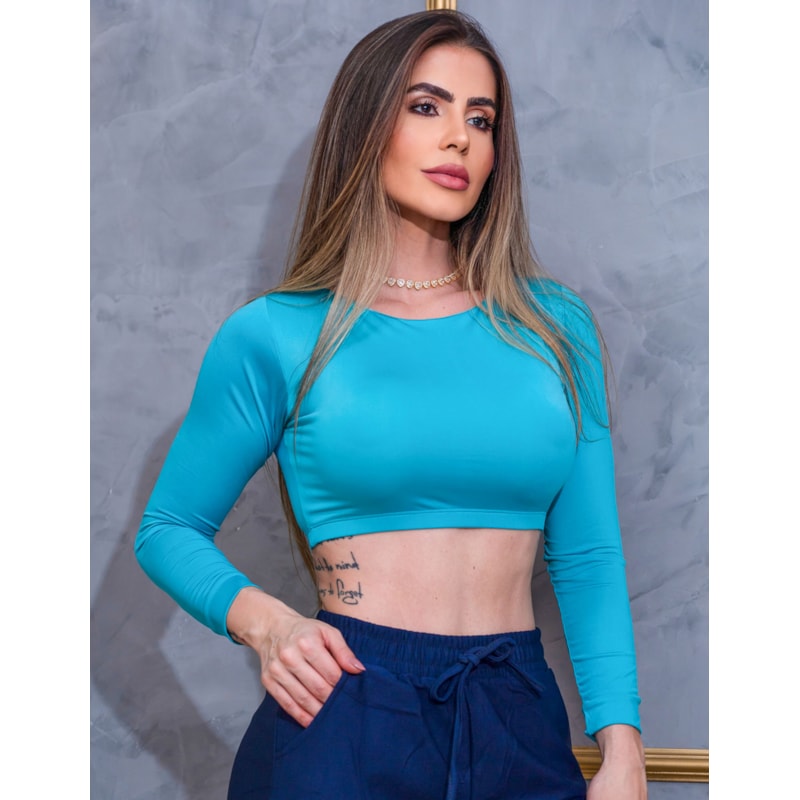 Cropped Feminino Manga Longa Decote Redondo sem Bojo