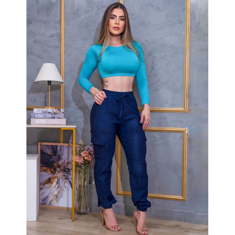 Cropped Feminino Manga Longa Decote Redondo sem Bojo