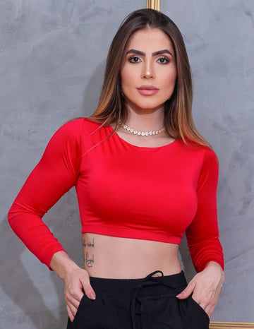 Cropped Fitness Feminino sem Bojo com Manga Longa
