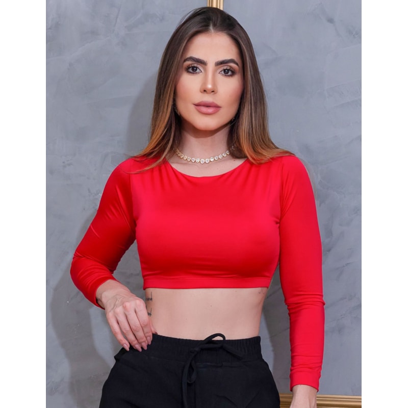 Cropped Fitness Feminino sem Bojo com Manga Longa
