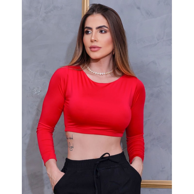 Cropped Fitness Feminino sem Bojo com Manga Longa