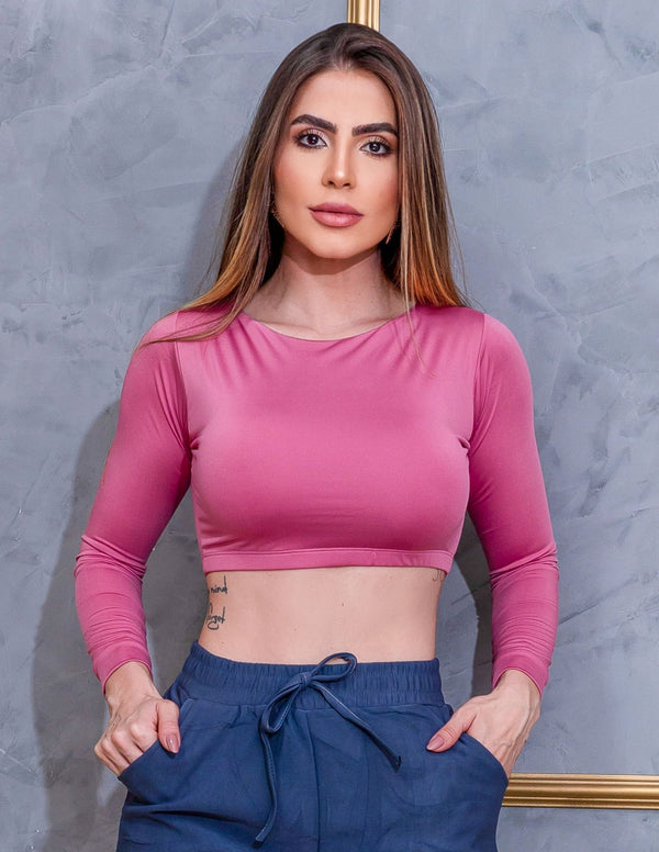 Cropped Manga Longa Fitness Feminino sem Bojo Academia