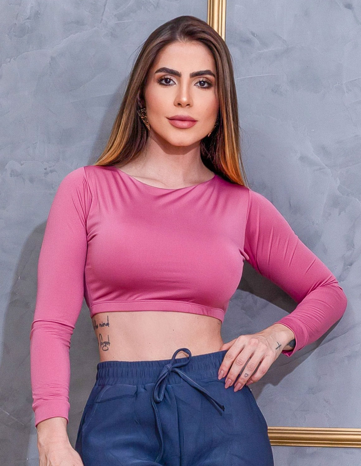 Cropped Manga Longa Fitness Feminino sem Bojo Academia