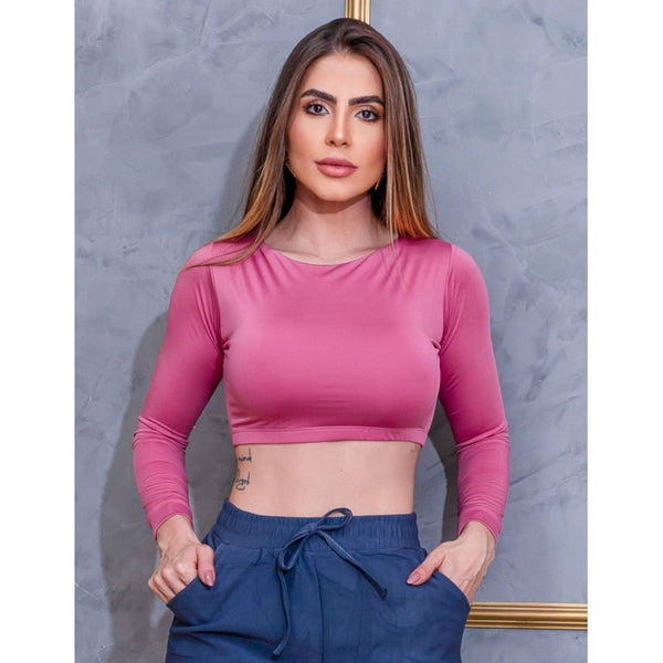Cropped Manga Longa Fitness Feminino sem Bojo Academia