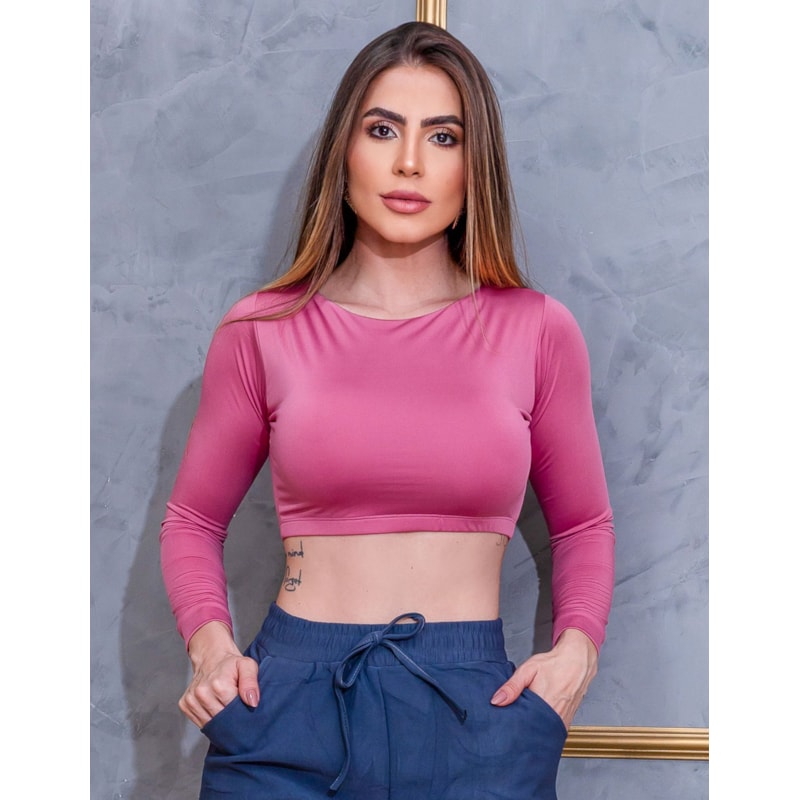 Cropped Manga Longa Fitness Feminino sem Bojo Academia