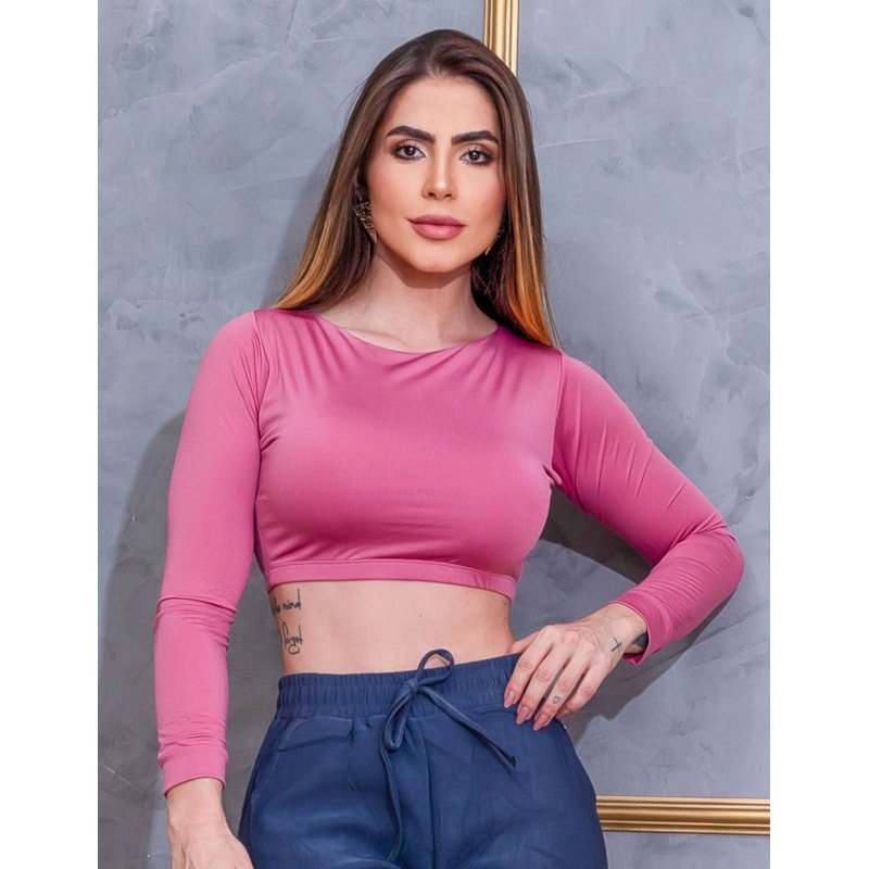 Cropped Manga Longa Fitness Feminino sem Bojo Academia